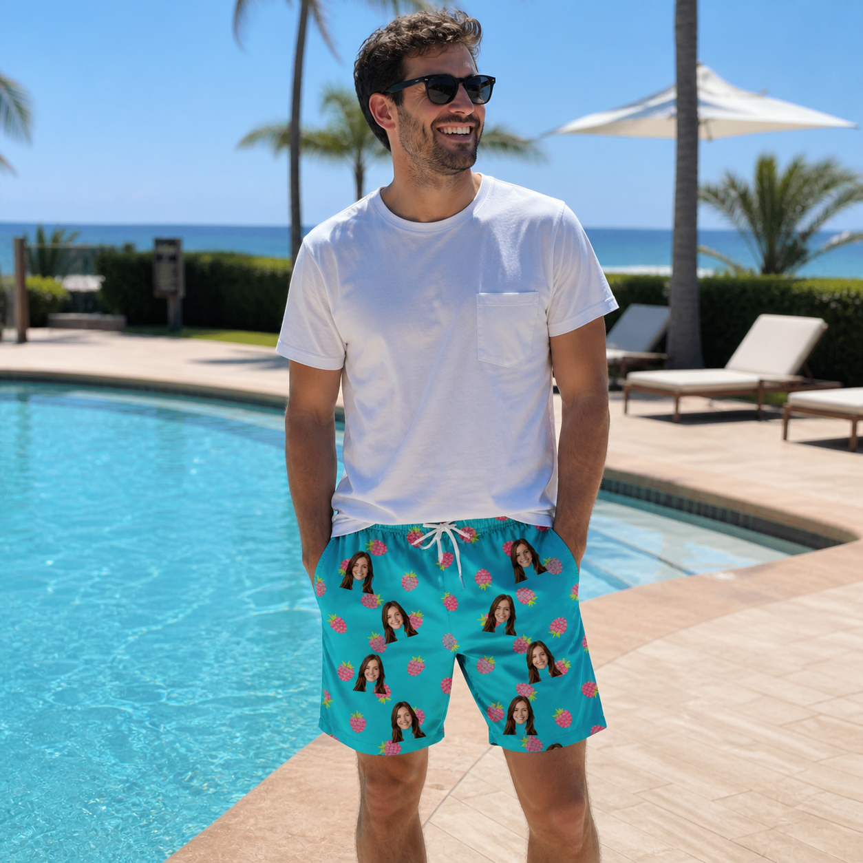 Real-life photo of someone wearing Men's Razzle Riot Custom Face Beach Shorts — custom faces printed all-over