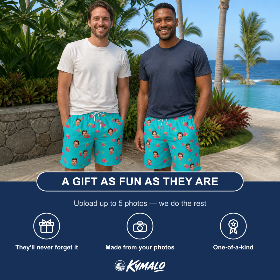 Friends in matching Men's Razzle Riot Custom Face Beach Shorts — a group gift photo