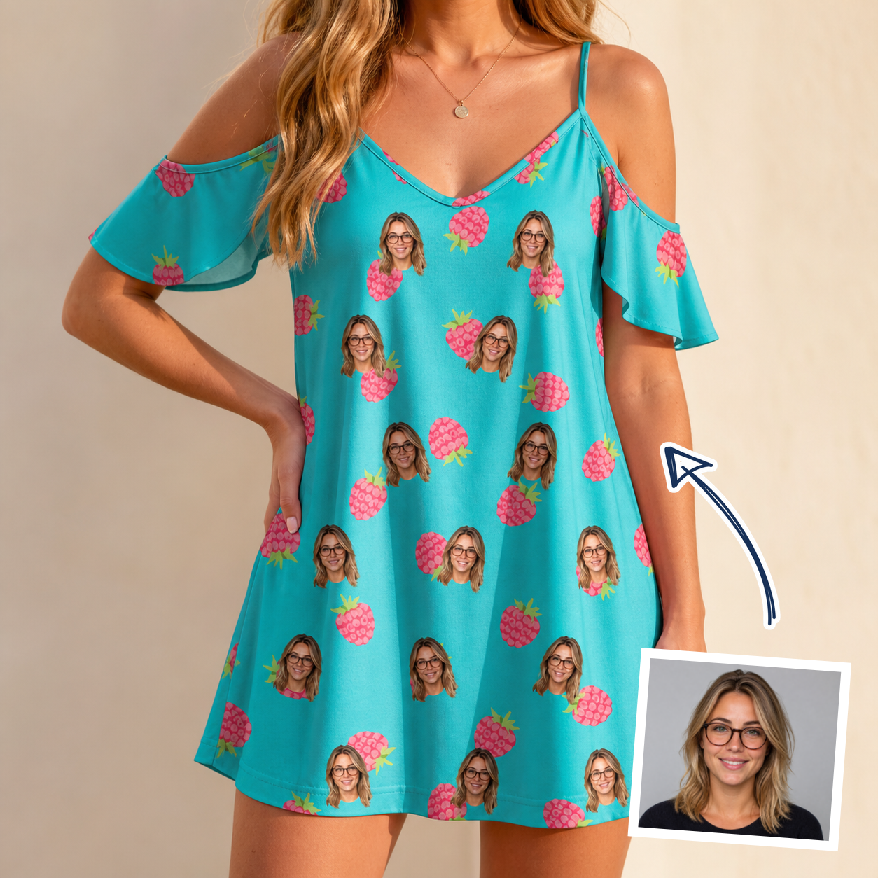 Woman wearing Women's Razzle Riot Custom Face Off-Shoulder Dress — custom faces printed all-over