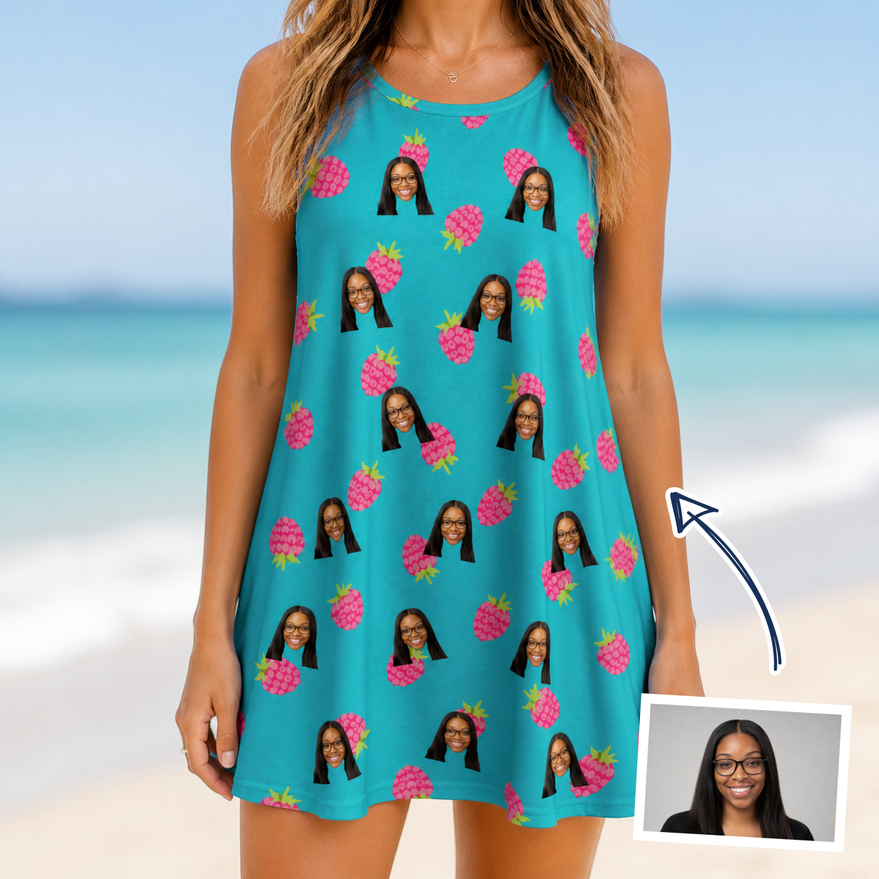 Woman wearing Women's Razzle Riot Custom Face Tank Dress — custom faces printed all-over