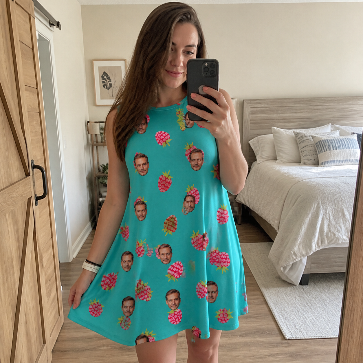 Real-life photo of someone wearing Women's Razzle Riot Custom Face Tank Dress — custom faces printed all-over