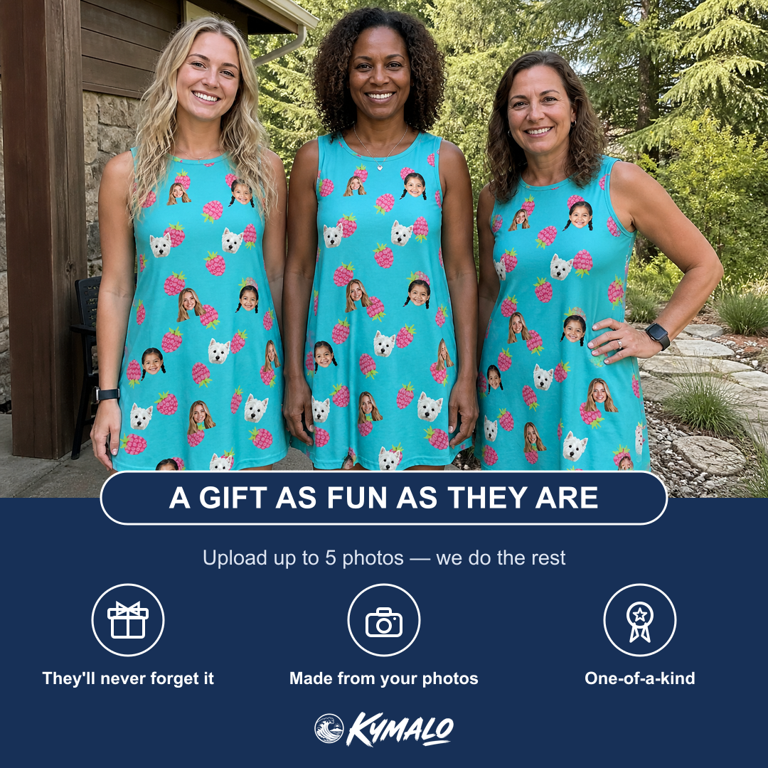 Friends in matching Women's Razzle Riot Custom Face Tank Dress — a group gift photo