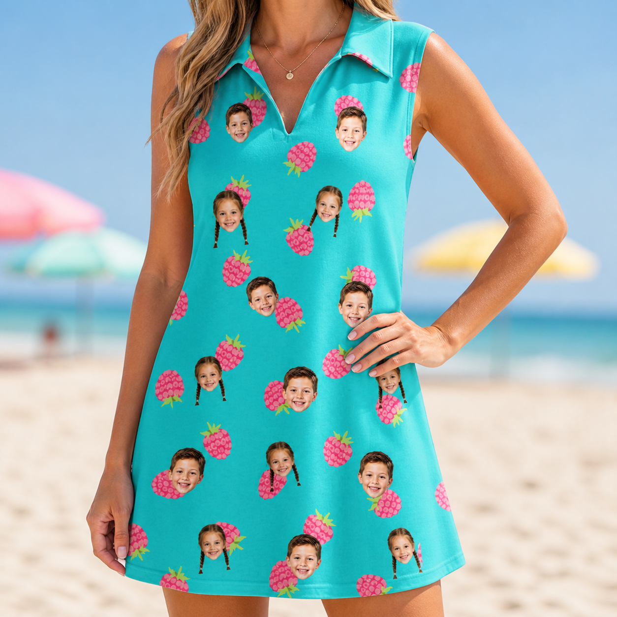 Model wearing Women's Razzle Riot Custom Face V-Neck Dress printed with kids' faces