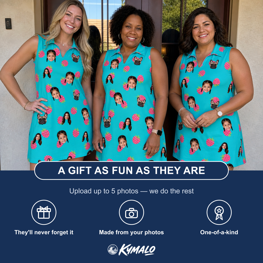 Friends in matching Women's Razzle Riot Custom Face V-Neck Dress — a group gift photo