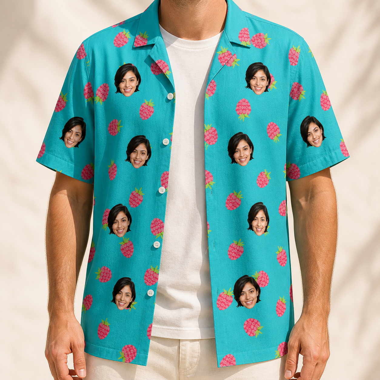 Man wearing Men's Razzle Riot Custom Face Hawaiian Shirt open over a white tee