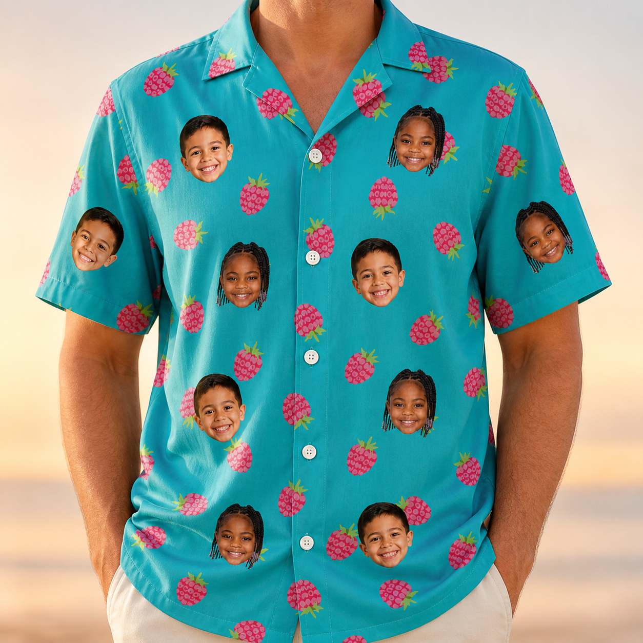 Model wearing Men's Razzle Riot Custom Face Hawaiian Shirt printed with kids' faces