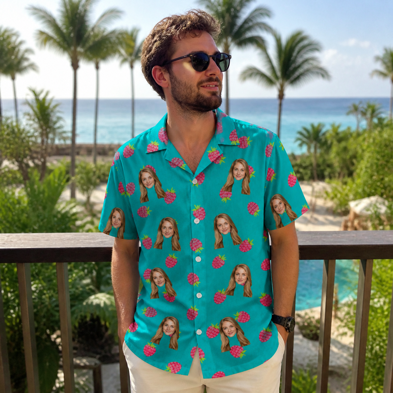 Real-life photo of someone wearing Men's Razzle Riot Custom Face Hawaiian Shirt — custom faces printed all-over