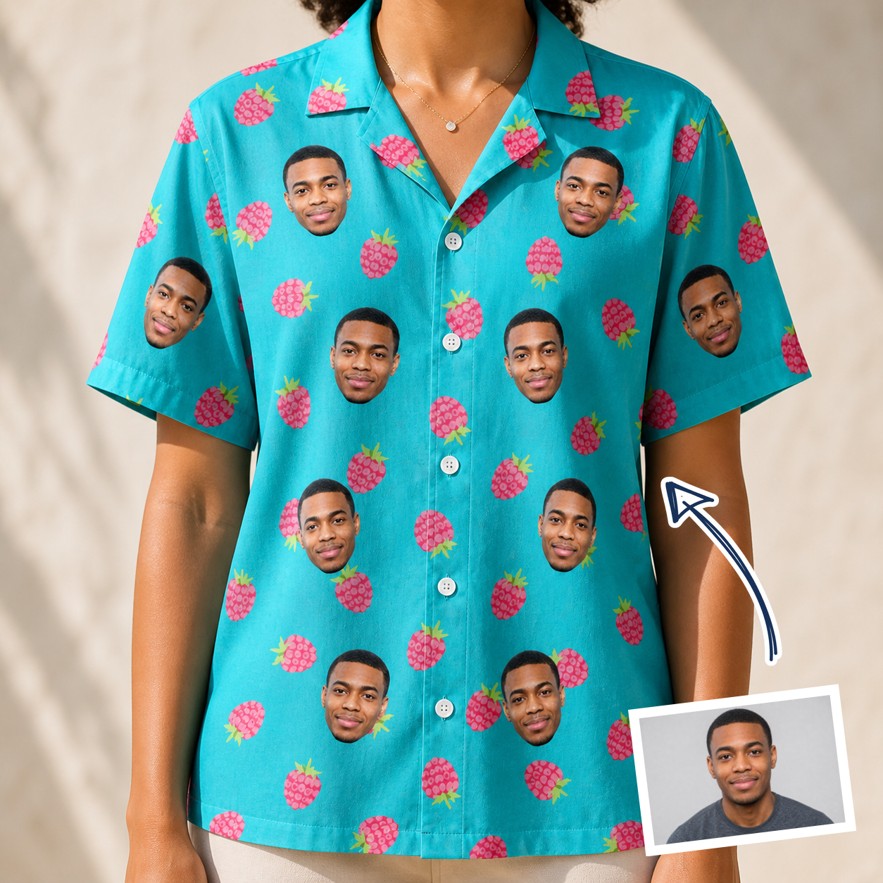 Woman wearing Women's Razzle Riot Custom Face Hawaiian Shirt — custom faces printed all-over