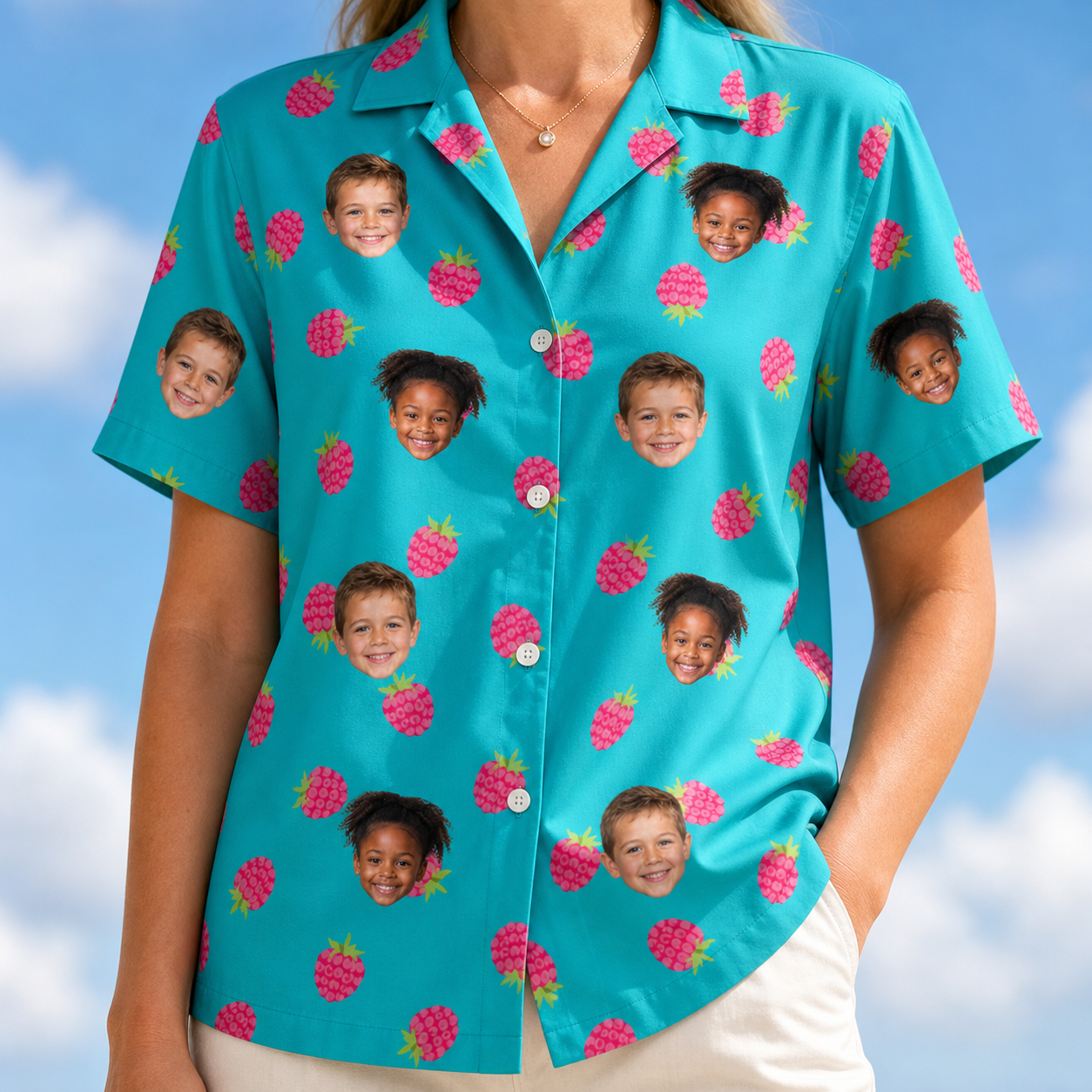 Model wearing Women's Razzle Riot Custom Face Hawaiian Shirt printed with kids' faces