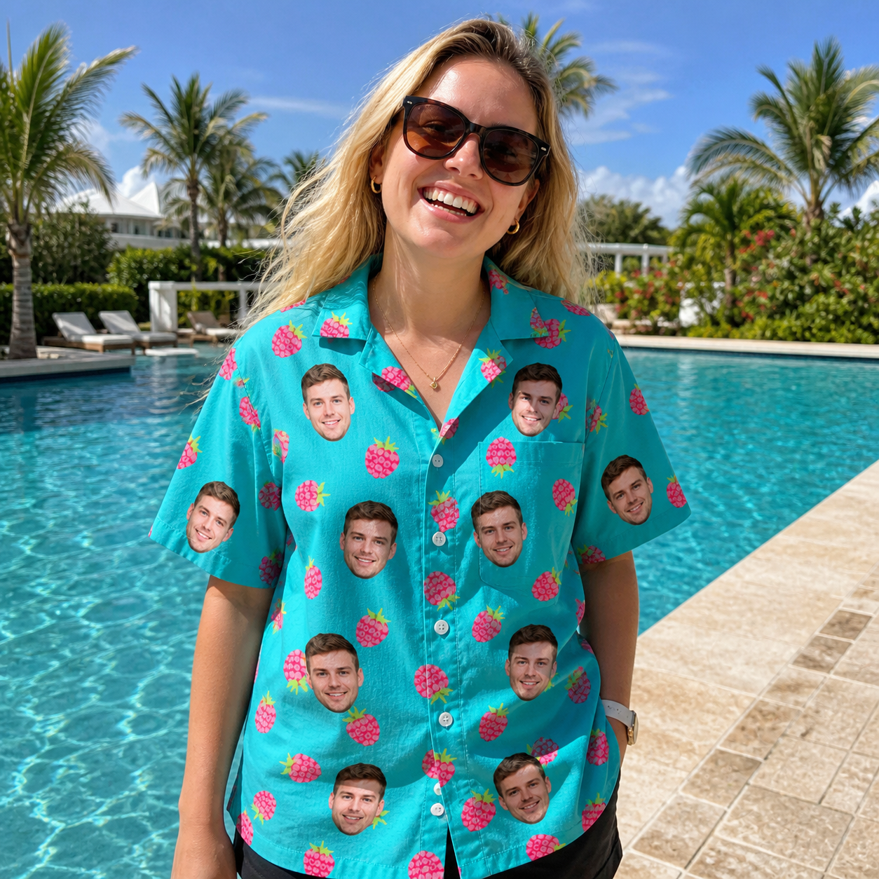 Real-life photo of someone wearing Women's Razzle Riot Custom Face Hawaiian Shirt — custom faces printed all-over