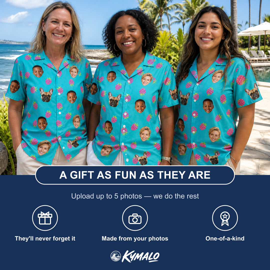 Friends in matching Women's Razzle Riot Custom Face Hawaiian Shirt — a group gift photo