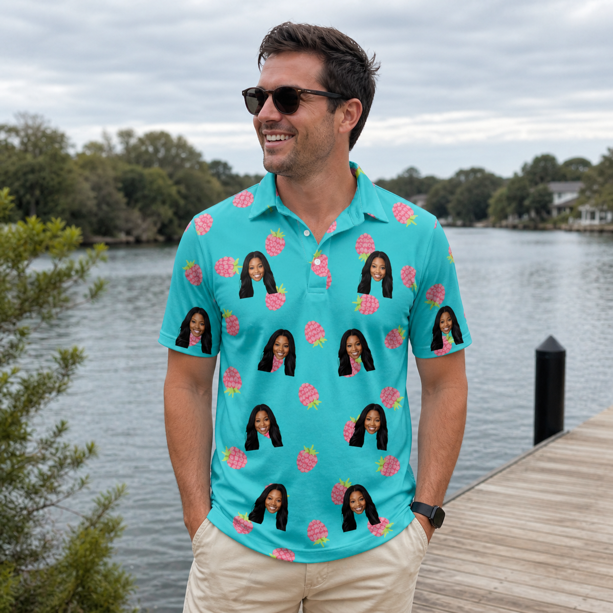 Real-life photo of someone wearing Men's Razzle Riot Custom Face Polo Shirt — custom faces printed all-over