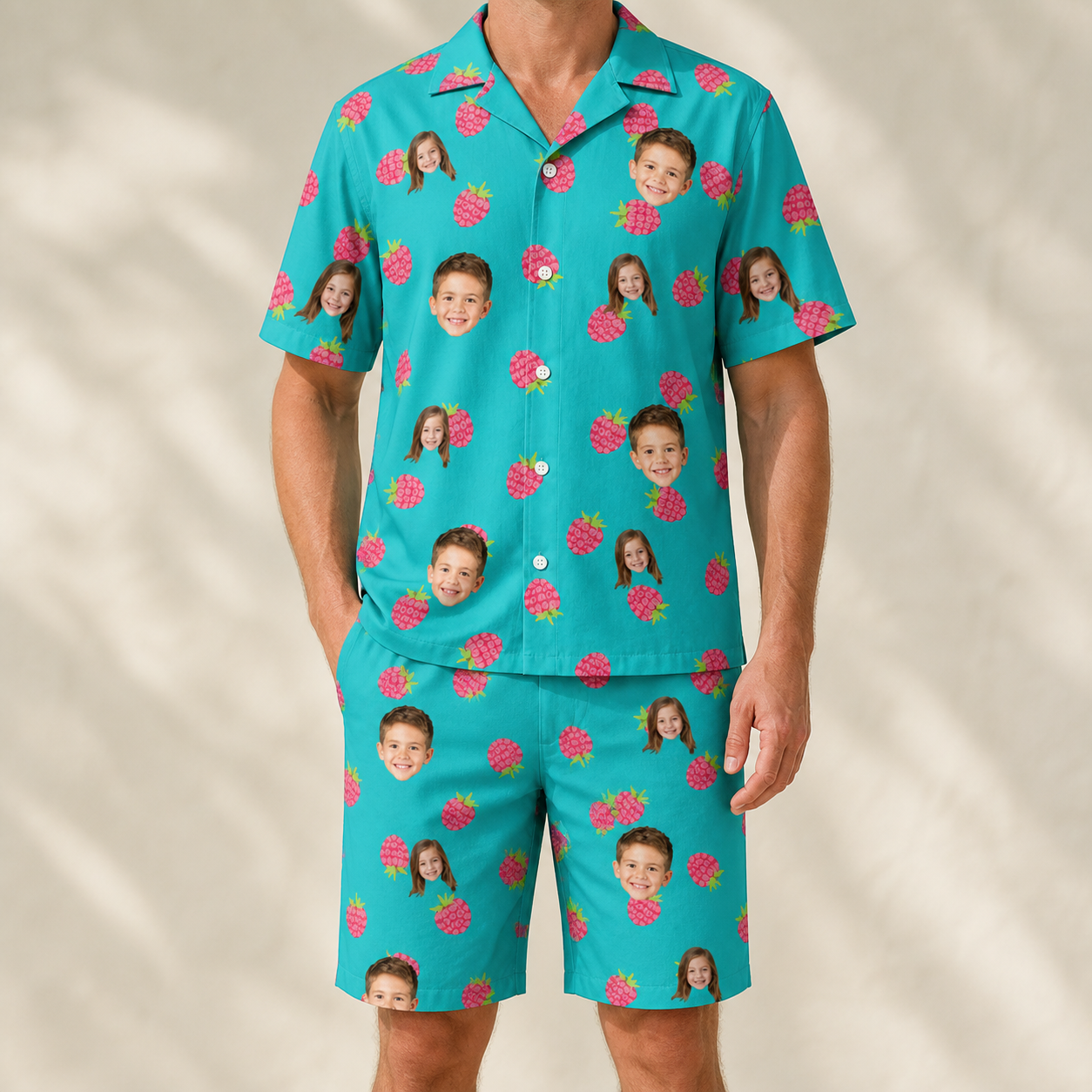 Model wearing Men's Razzle Riot Custom Face Shirt & Shorts Set printed with kids' faces