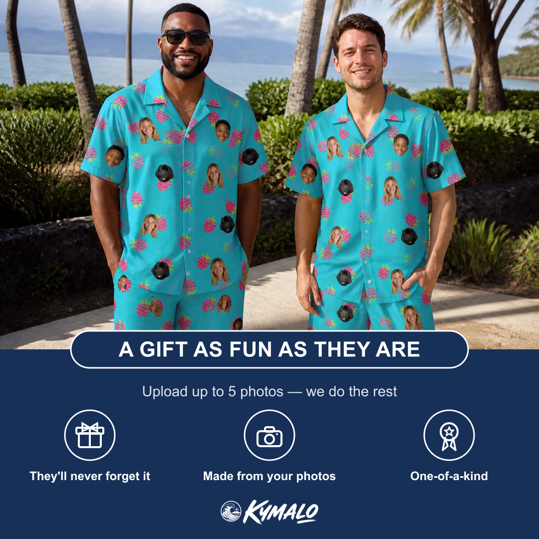 Friends in matching Men's Razzle Riot Custom Face Shirt & Shorts Set — a group gift photo