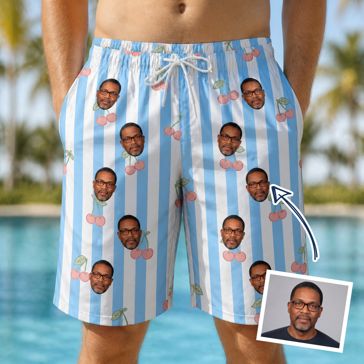 Man wearing Men's Orchard Oddball Custom Face Beach Shorts — custom faces printed all-over