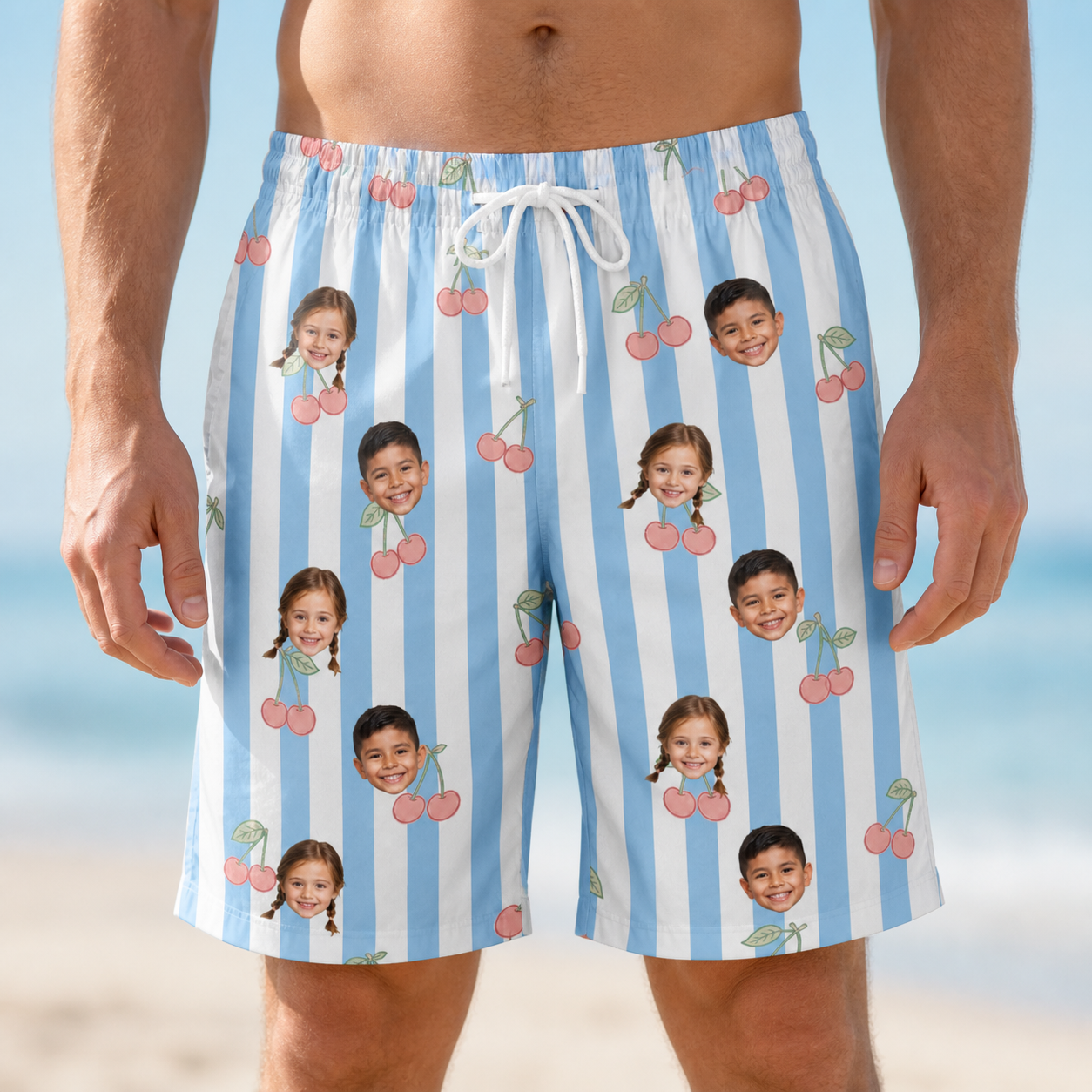 Model wearing Men's Orchard Oddball Custom Face Beach Shorts printed with kids' faces