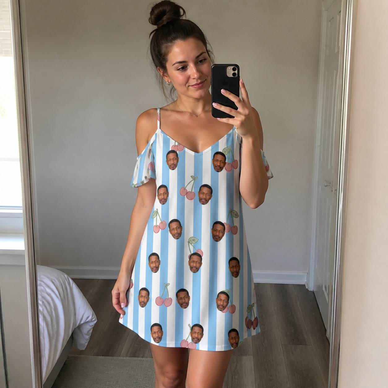 Real-life photo of someone wearing Women's Orchard Oddball Custom Face Off-Shoulder Dress — custom faces printed all-over