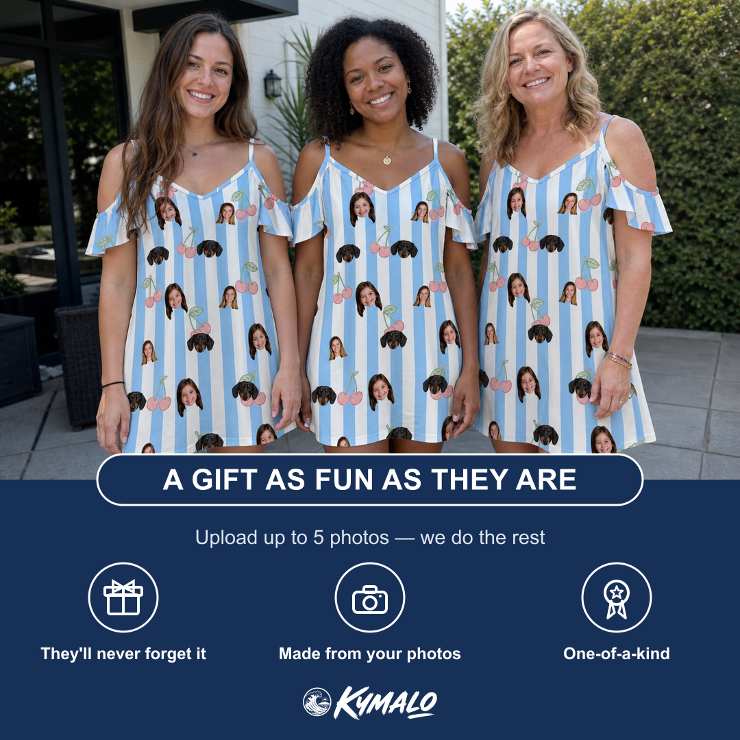 Friends in matching Women's Orchard Oddball Custom Face Off-Shoulder Dress — a group gift photo