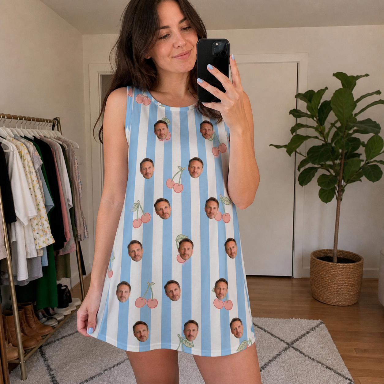 Real-life photo of someone wearing Women's Orchard Oddball Custom Face Tank Dress — custom faces printed all-over