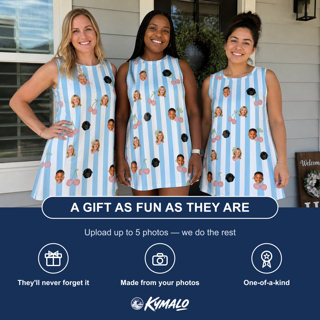 Friends in matching Women's Orchard Oddball Custom Face Tank Dress — a group gift photo
