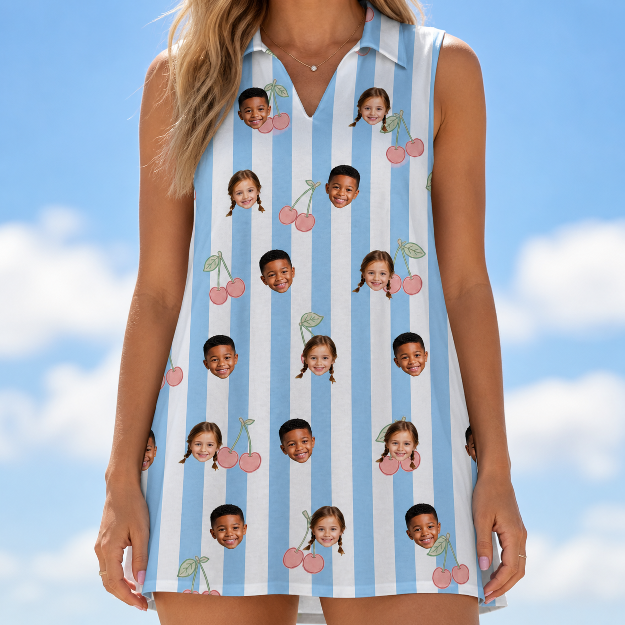 Model wearing Women's Orchard Oddball Custom Face V-Neck Dress printed with kids' faces