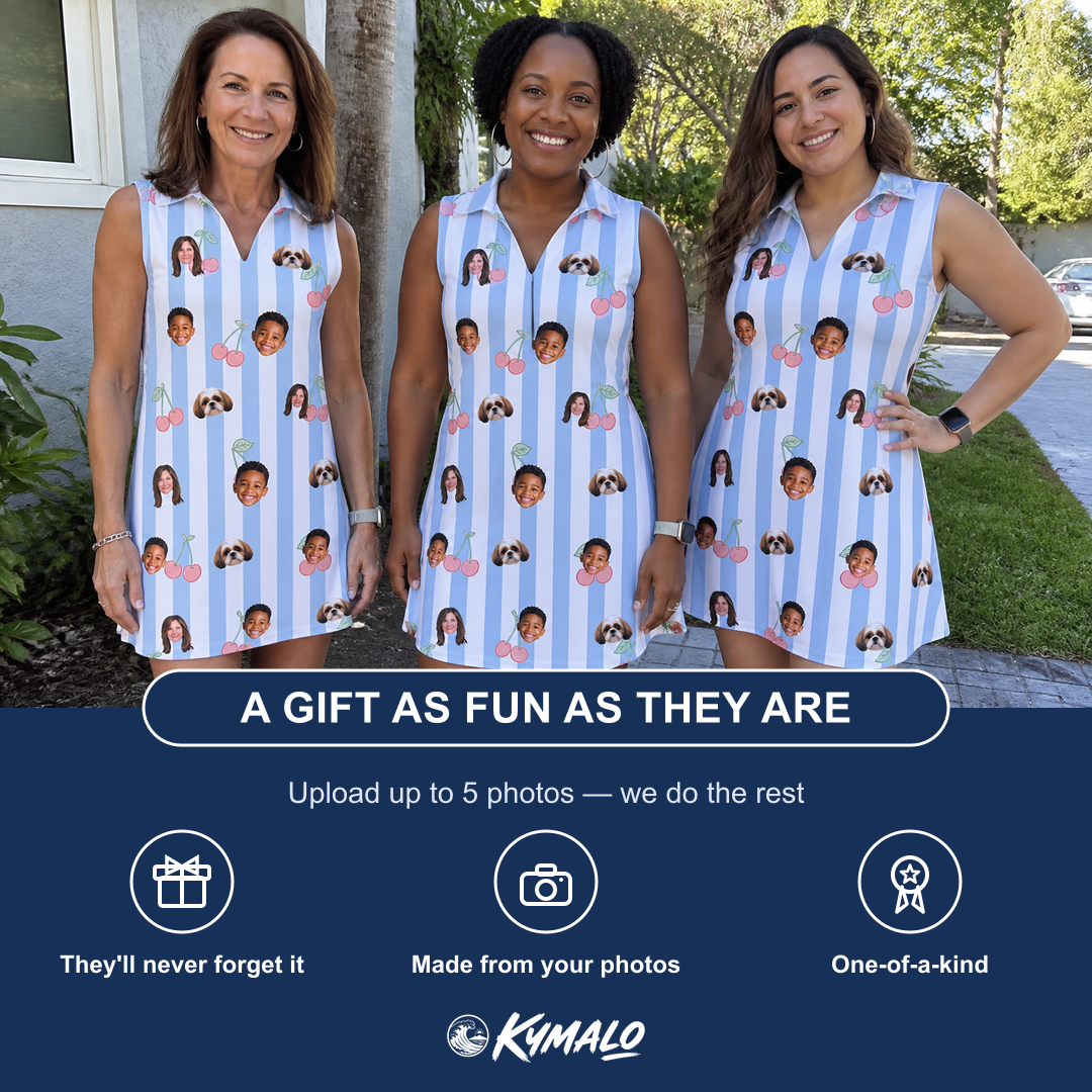 Friends in matching Women's Orchard Oddball Custom Face V-Neck Dress — a group gift photo