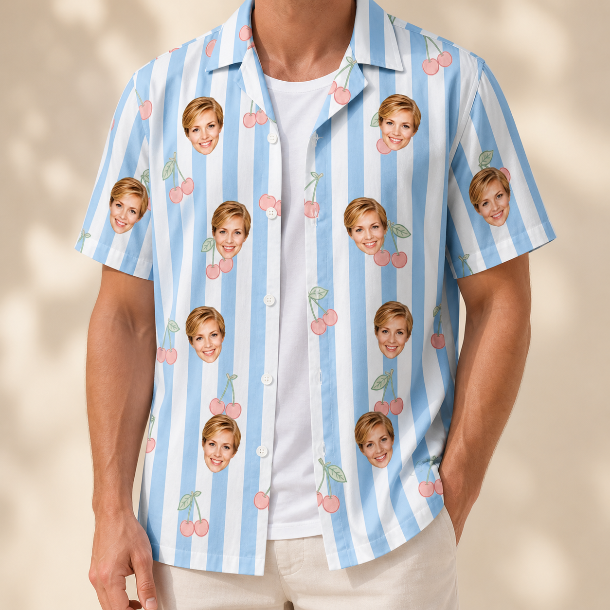 Man wearing Men's Orchard Oddball Custom Face Hawaiian Shirt open over a white tee
