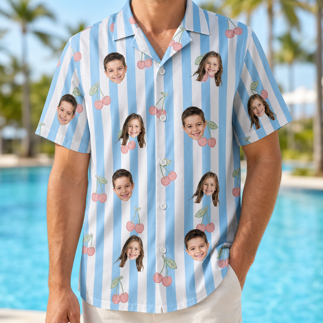 Model wearing Men's Orchard Oddball Custom Face Hawaiian Shirt printed with kids' faces