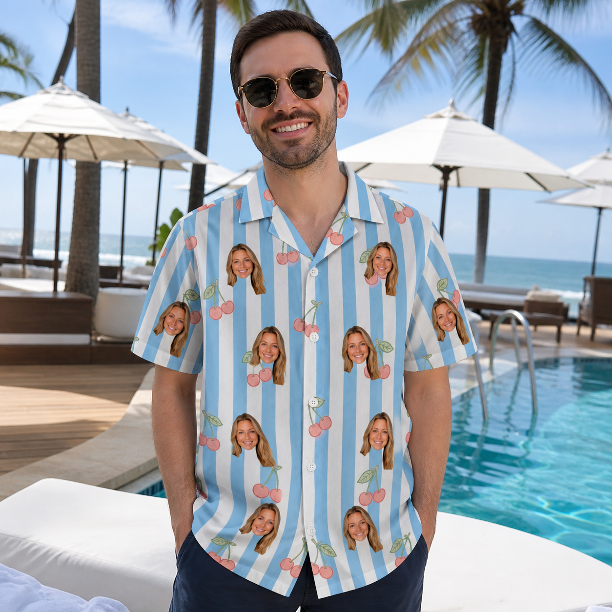 Real-life photo of someone wearing Men's Orchard Oddball Custom Face Hawaiian Shirt — custom faces printed all-over