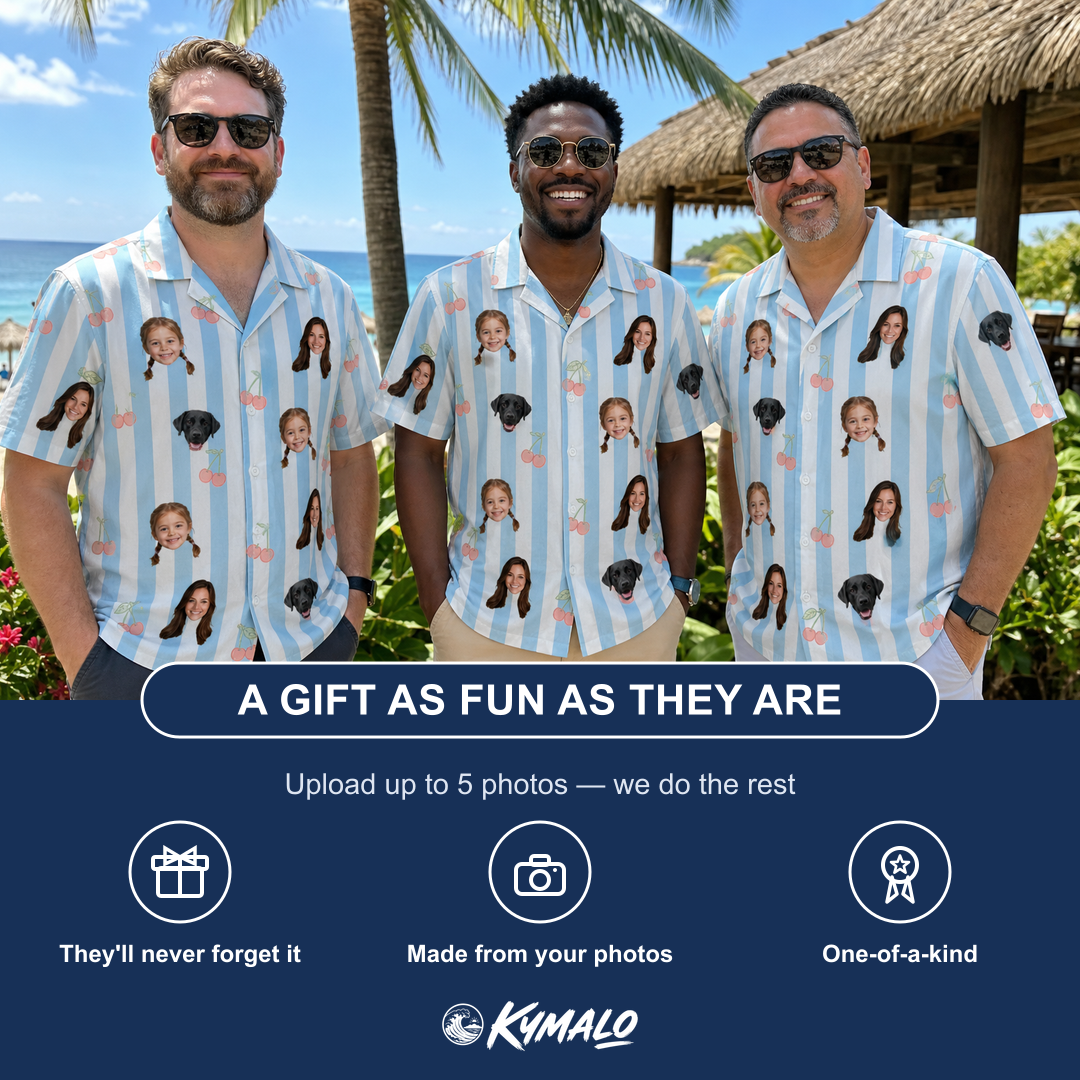 Friends in matching Men's Orchard Oddball Custom Face Hawaiian Shirt — a group gift photo