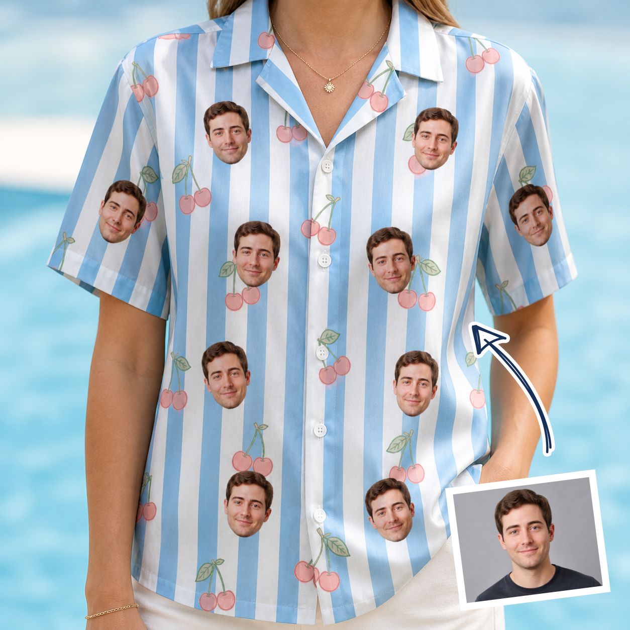 Woman wearing Women's Orchard Oddball Custom Face Hawaiian Shirt — custom faces printed all-over