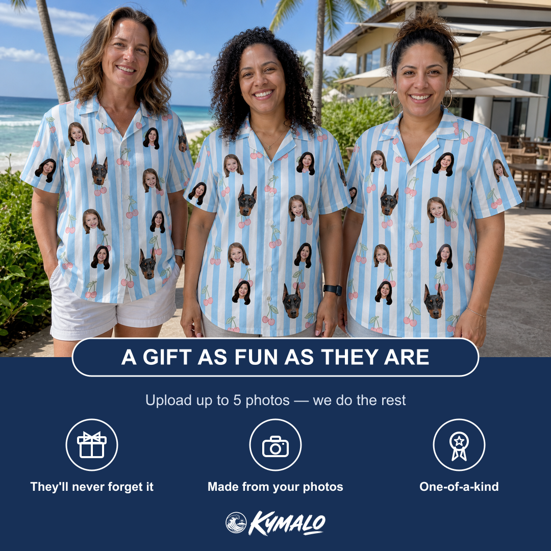Friends in matching Women's Orchard Oddball Custom Face Hawaiian Shirt — a group gift photo