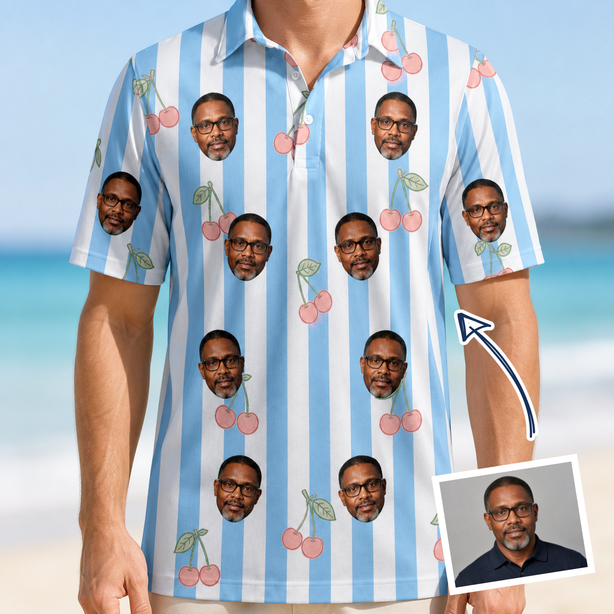 Man wearing Men's Orchard Oddball Custom Face Polo Shirt — custom faces printed all-over