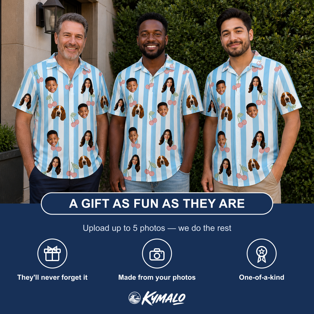 Friends in matching Men's Orchard Oddball Custom Face Polo Shirt — a group gift photo