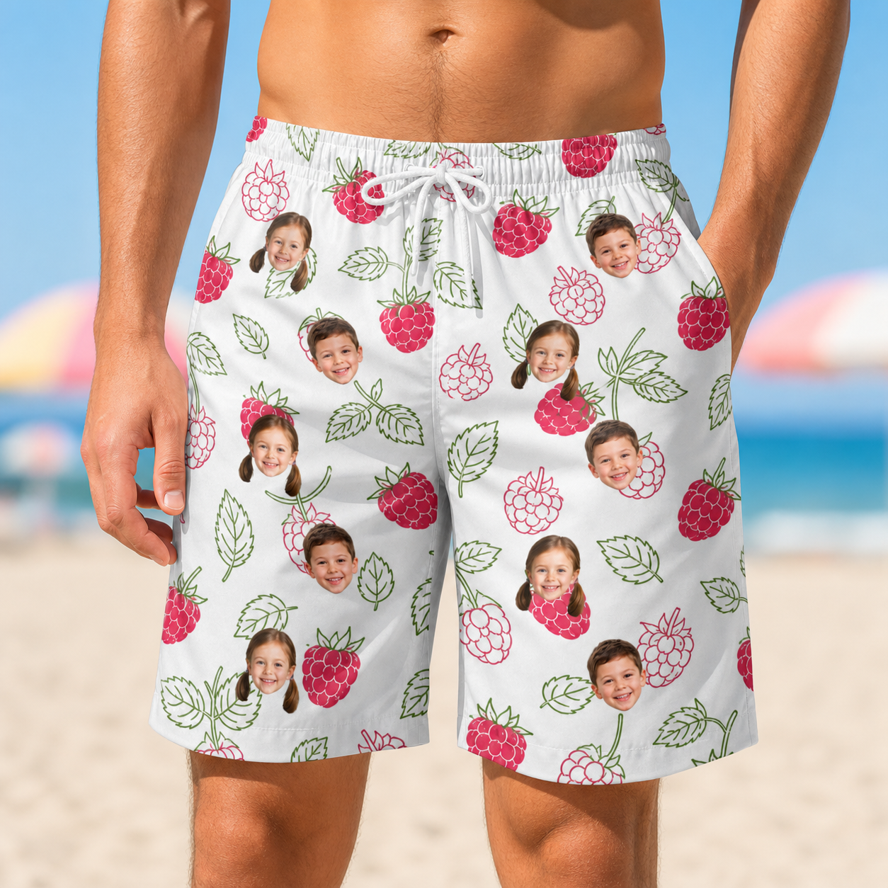 Model wearing Men's Drupelet Dance Custom Face Beach Shorts printed with kids' faces