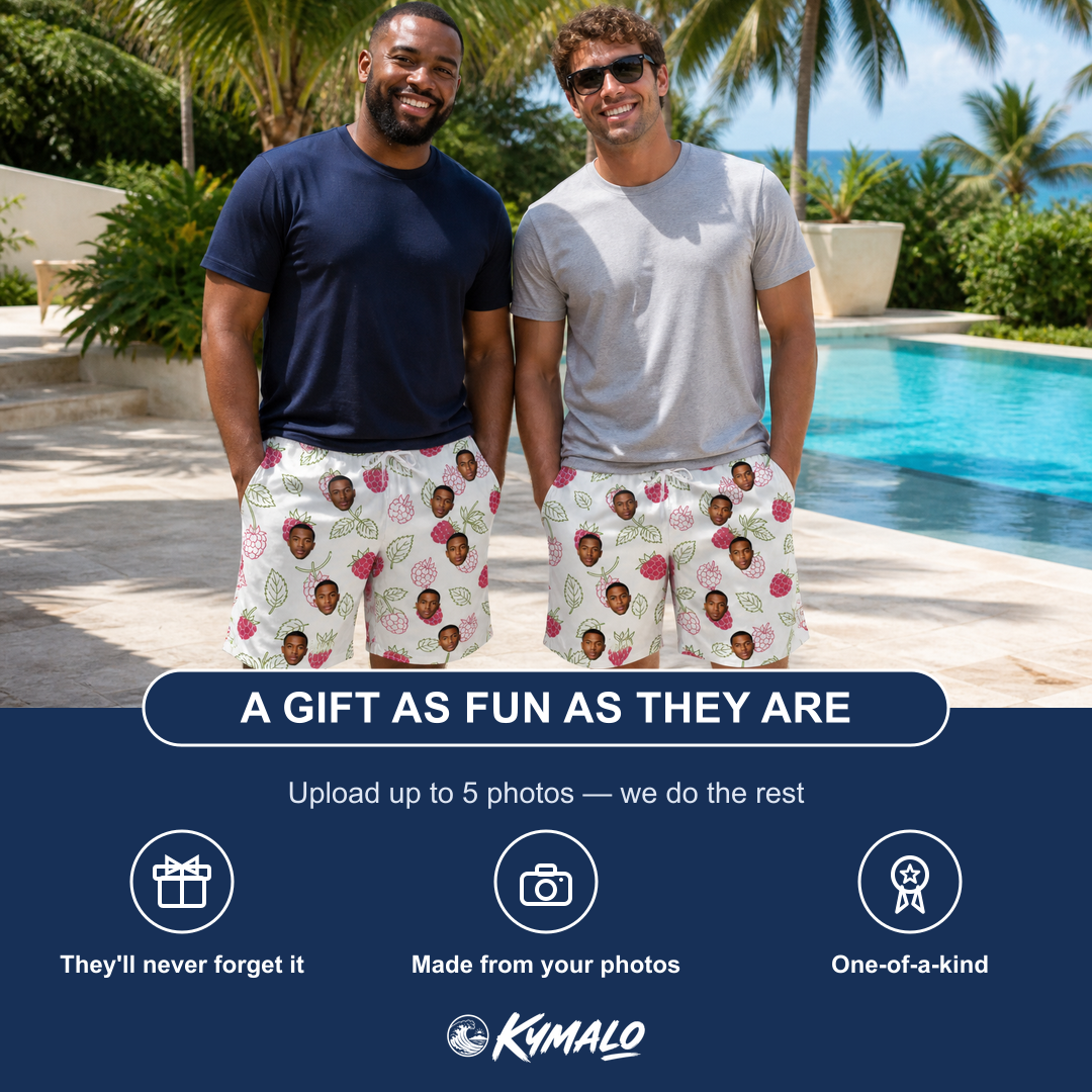 Friends in matching Men's Drupelet Dance Custom Face Beach Shorts — a group gift photo
