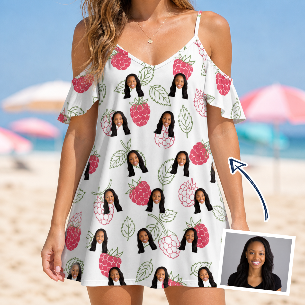Woman wearing Women's Drupelet Dance Custom Face Off-Shoulder Dress — custom faces printed all-over