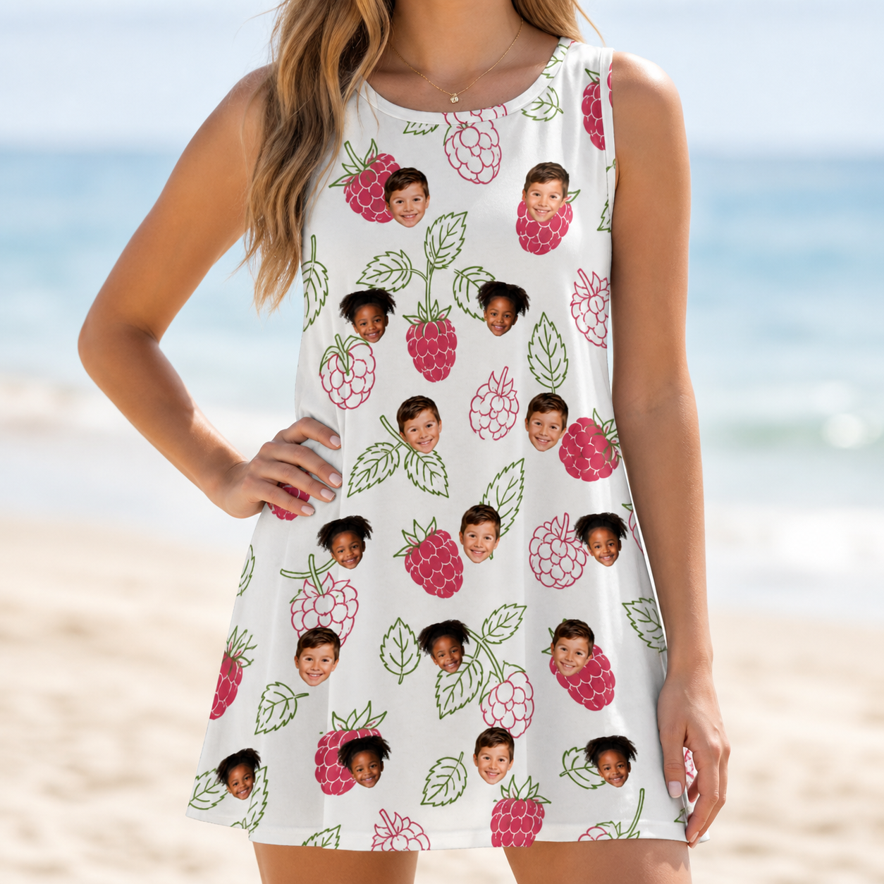 Model wearing Women's Drupelet Dance Custom Face Tank Dress printed with kids' faces