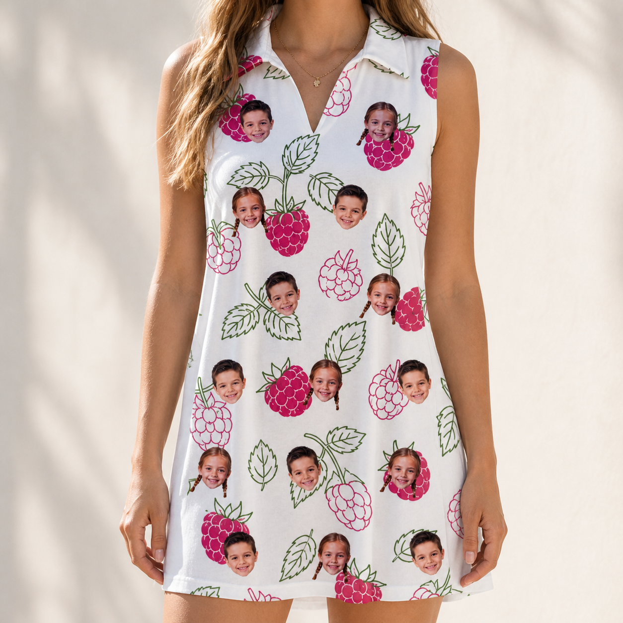 Model wearing Women's Drupelet Dance Custom Face V-Neck Dress printed with kids' faces