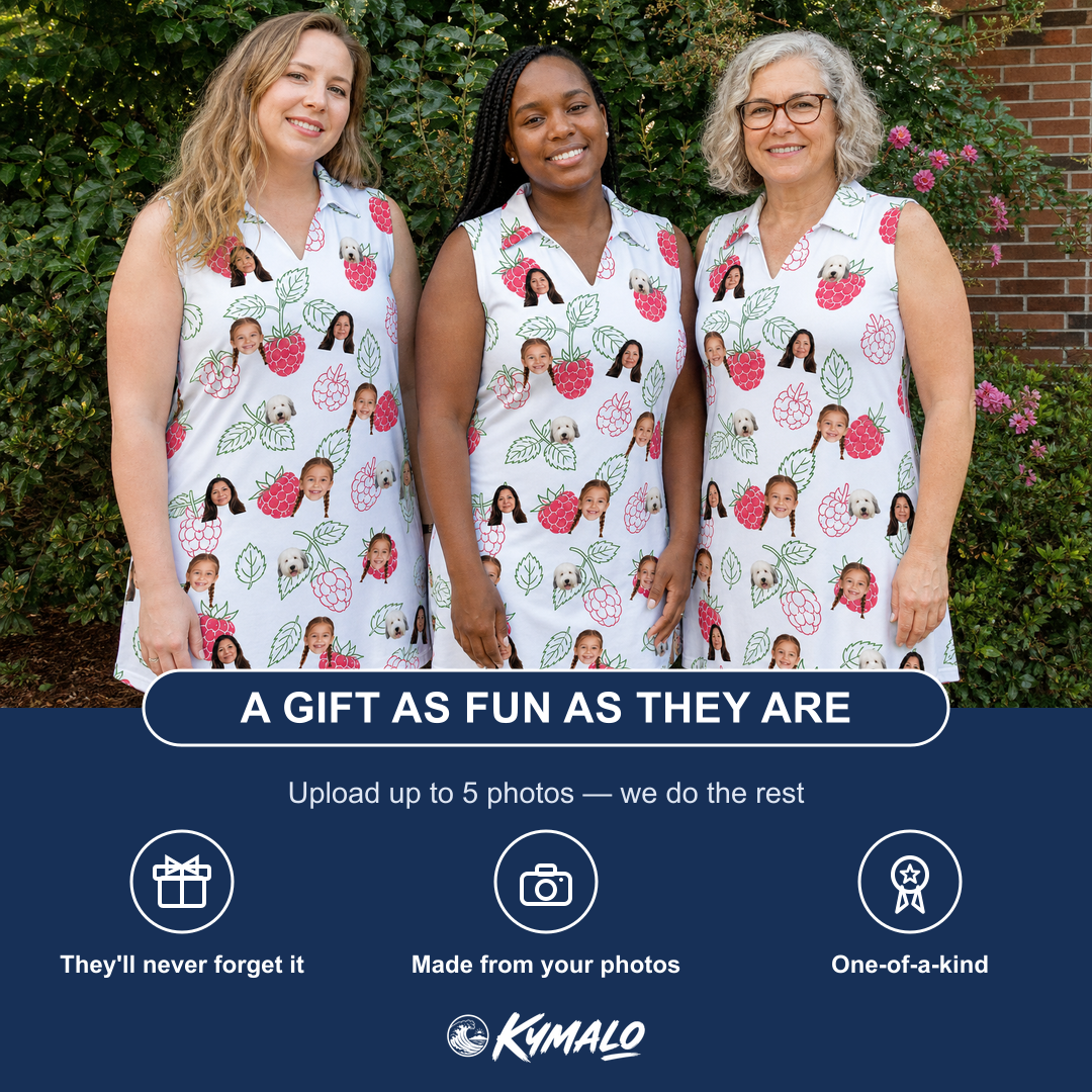 Friends in matching Women's Drupelet Dance Custom Face V-Neck Dress — a group gift photo