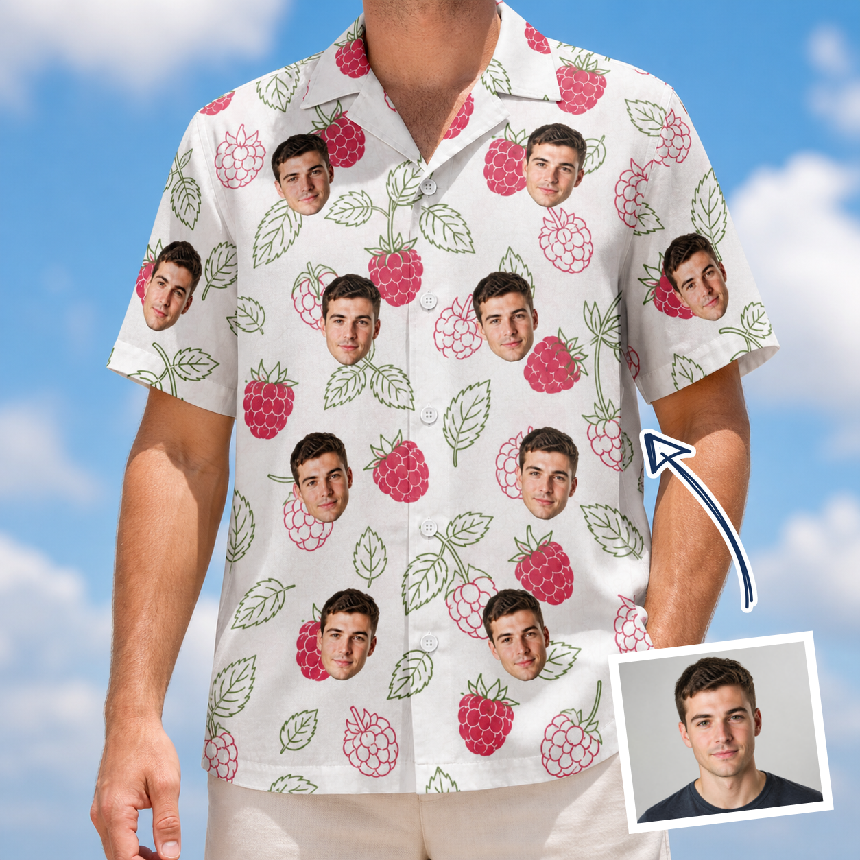Man wearing Men's Drupelet Dance Custom Face Hawaiian Shirt — custom faces printed all-over