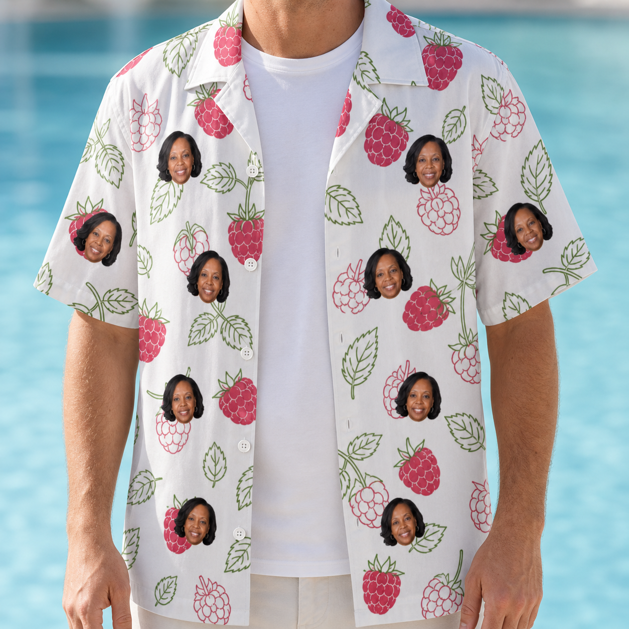 Man wearing Men's Drupelet Dance Custom Face Hawaiian Shirt open over a white tee