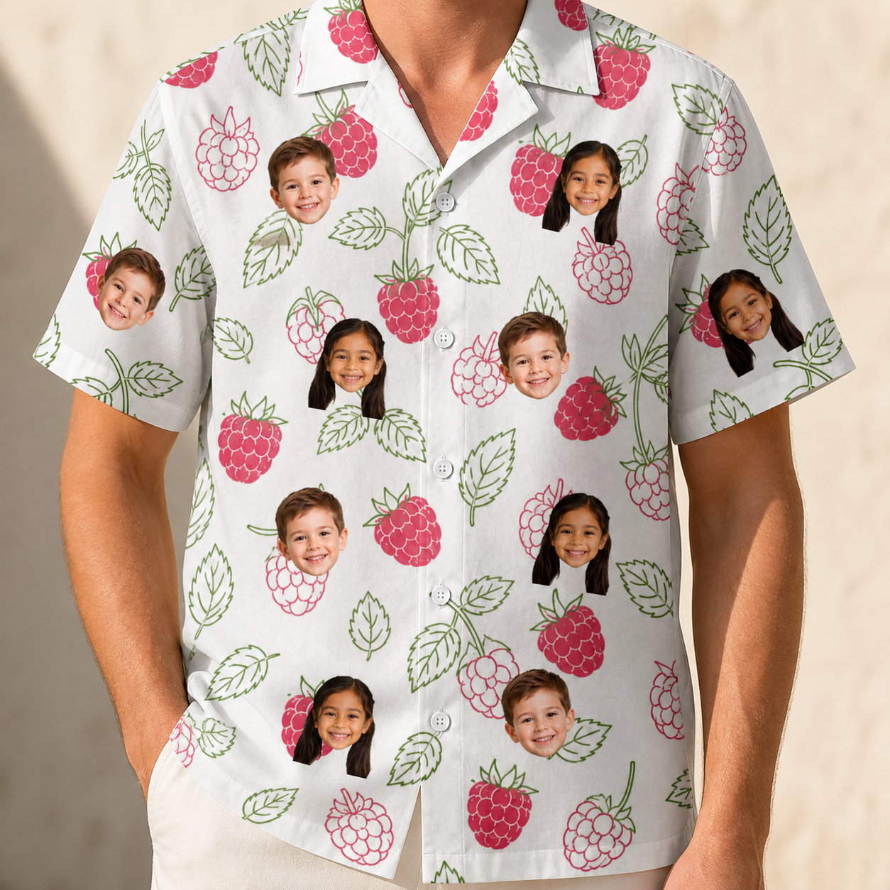 Model wearing Men's Drupelet Dance Custom Face Hawaiian Shirt printed with kids' faces