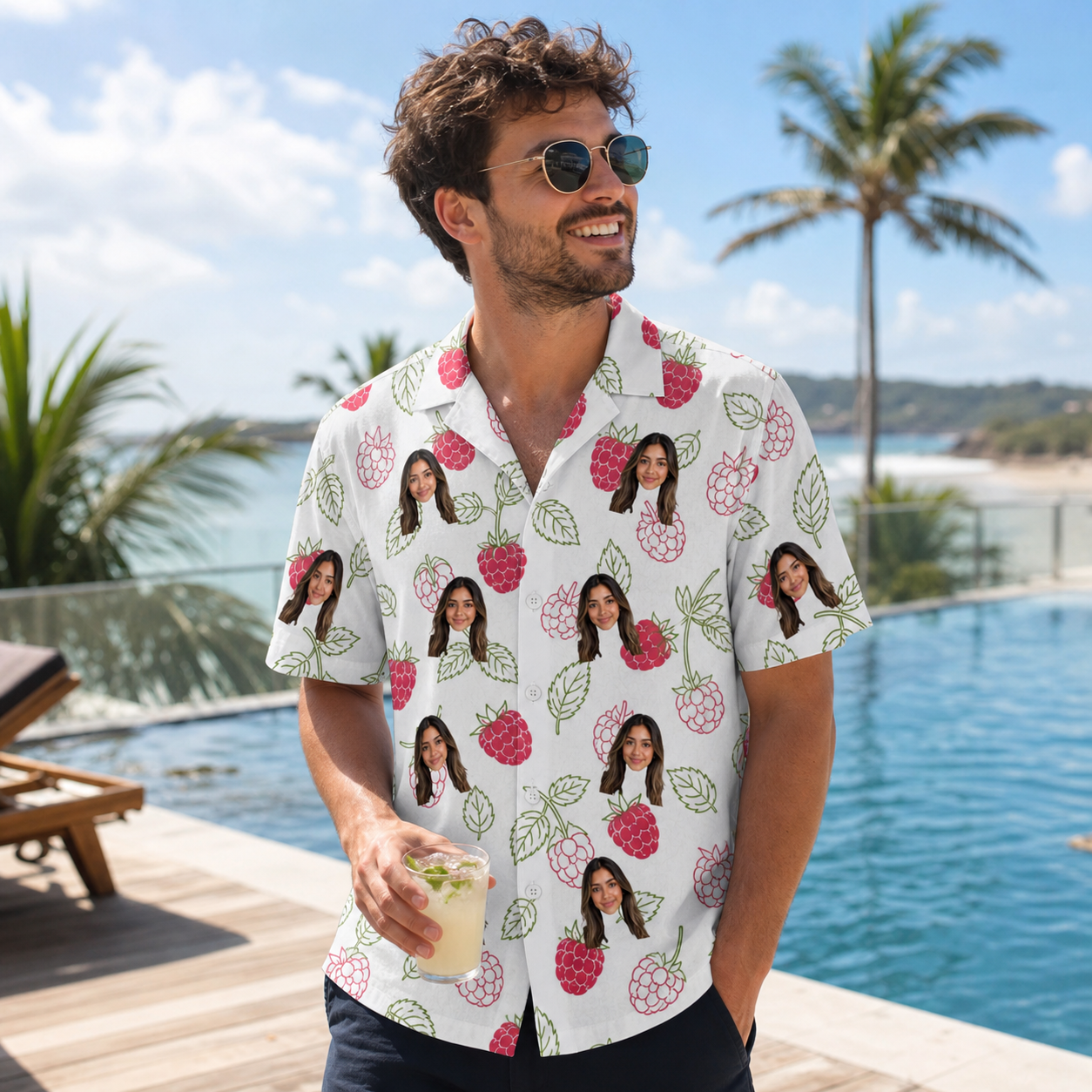 Real-life photo of someone wearing Men's Drupelet Dance Custom Face Hawaiian Shirt — custom faces printed all-over