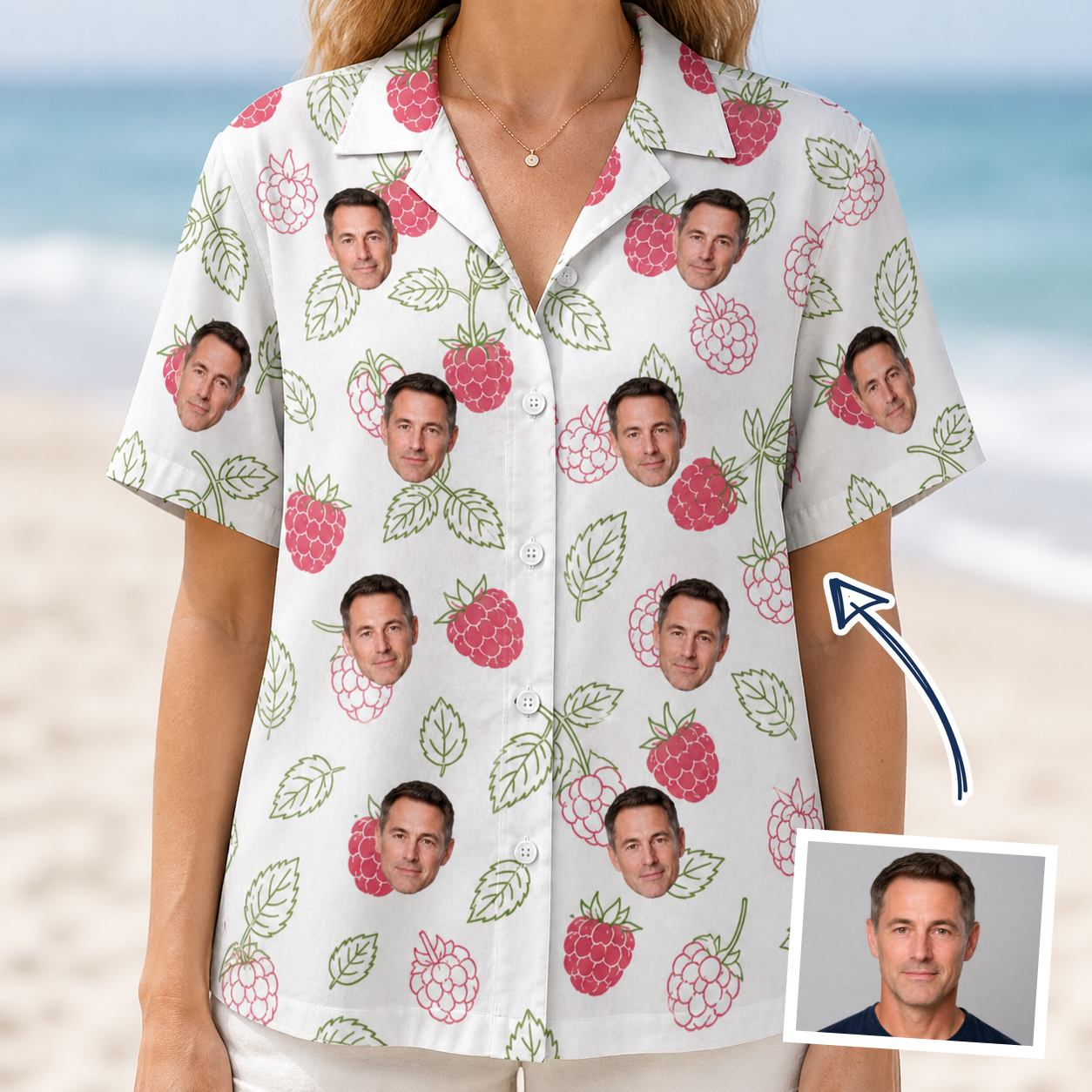 Woman wearing Women's Drupelet Dance Custom Face Hawaiian Shirt — custom faces printed all-over