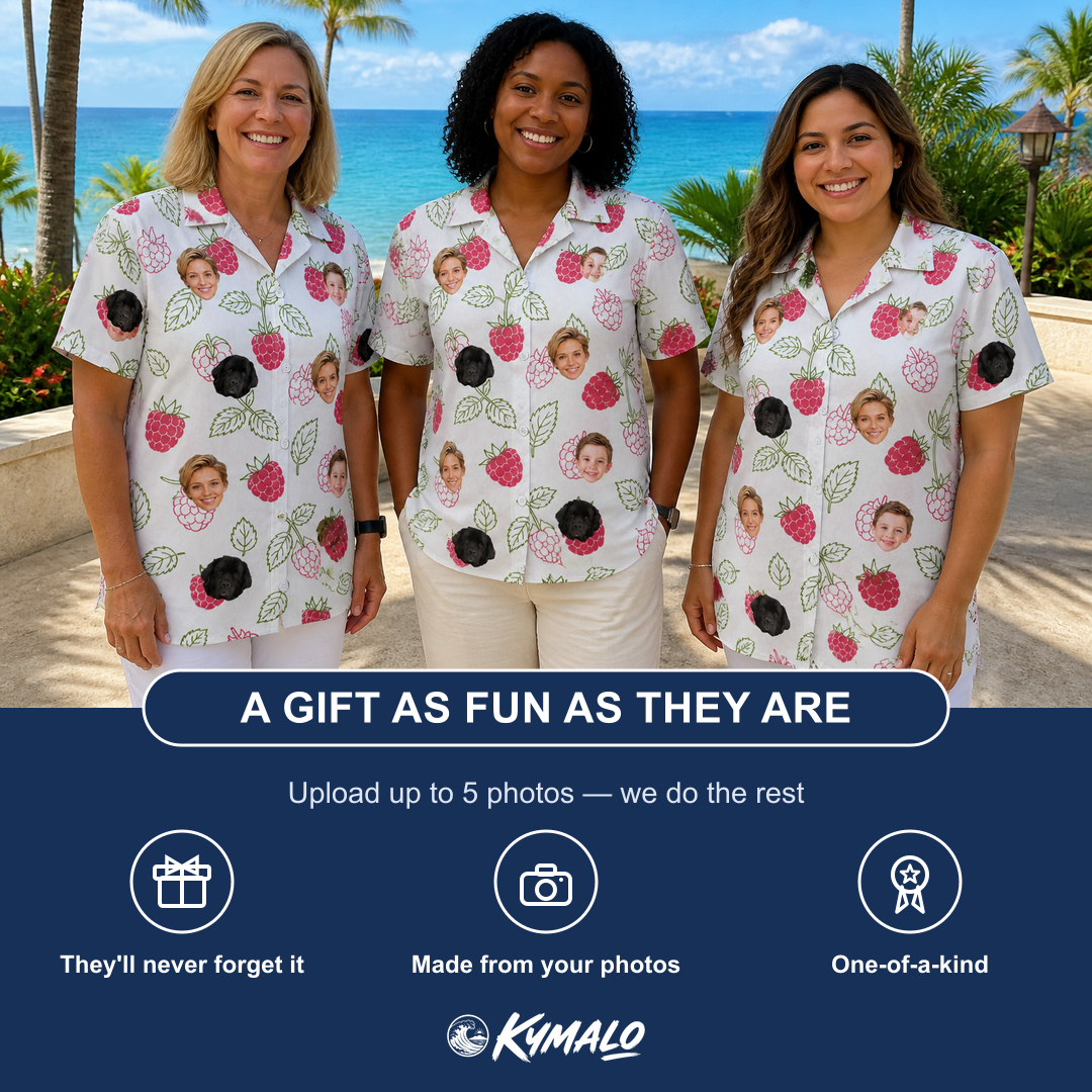 Friends in matching Women's Drupelet Dance Custom Face Hawaiian Shirt — a group gift photo