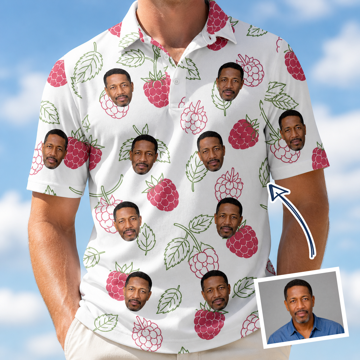 Man wearing Men's Drupelet Dance Custom Face Polo Shirt — custom faces printed all-over