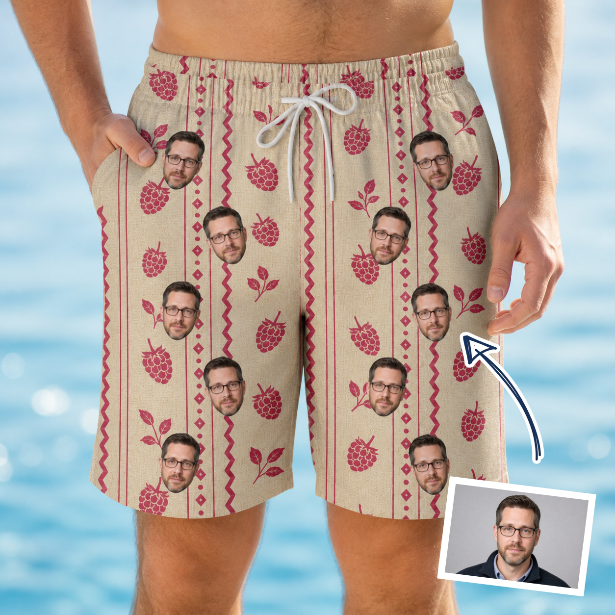 Man wearing Men's Brambly Bounce Custom Face Beach Shorts — custom faces printed all-over