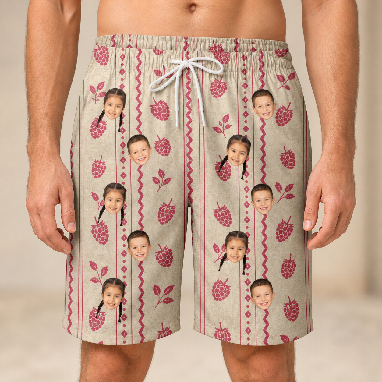 Model wearing Men's Brambly Bounce Custom Face Beach Shorts printed with kids' faces