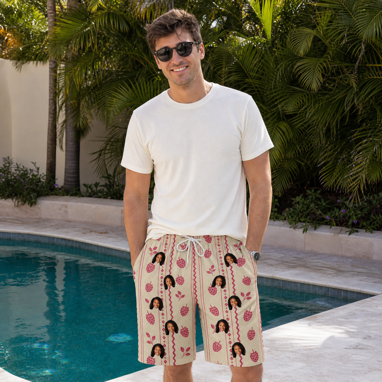 Real-life photo of someone wearing Men's Brambly Bounce Custom Face Beach Shorts — custom faces printed all-over